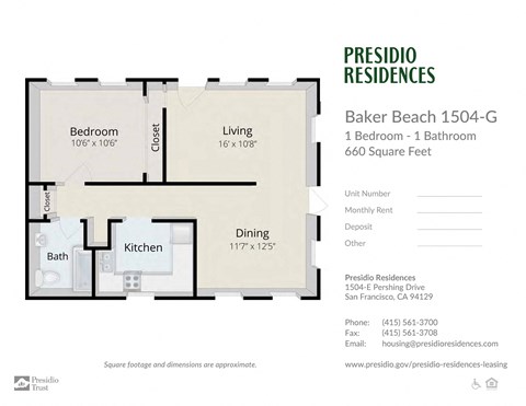 Floor plan for 1 bed, 1 bath, 660 sqft